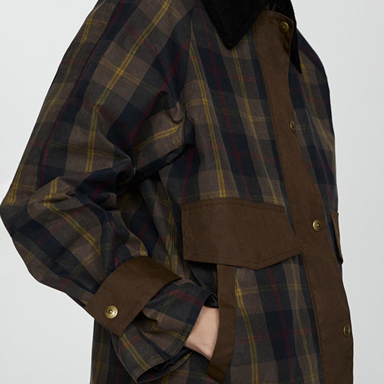 R&B | Damen Warme Karierte Jacke mit Weichem Kunstfellkragen und Großen Taschen