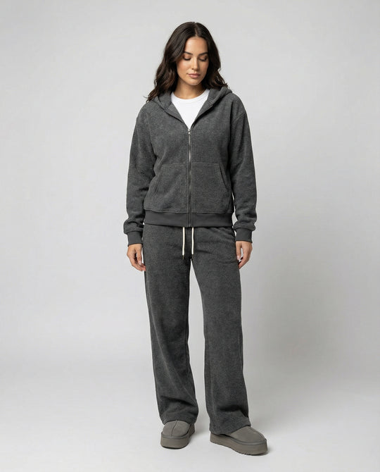 Warmer Damen Winter Sportanzug Set Gefütterte Jacke und Hose Grau