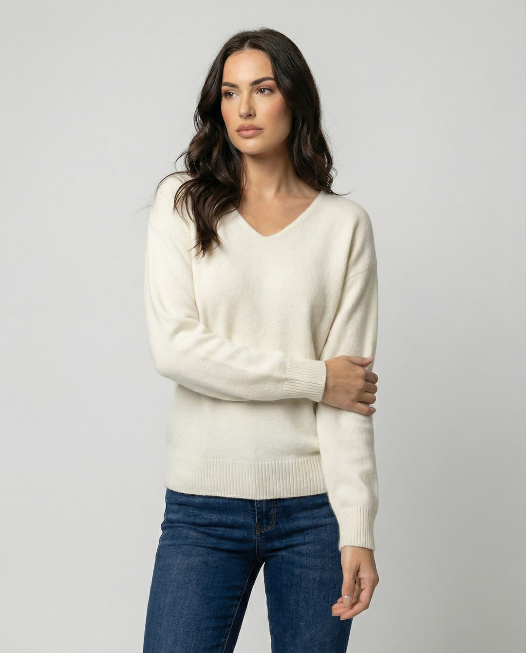 Weicher Oversize V-Ausschnitt Strickpullover für Damen in Creme-Weiß