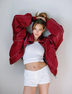 R&B | Burgundisch Zip up Jacke in Übergröße mit Kontrastnähten