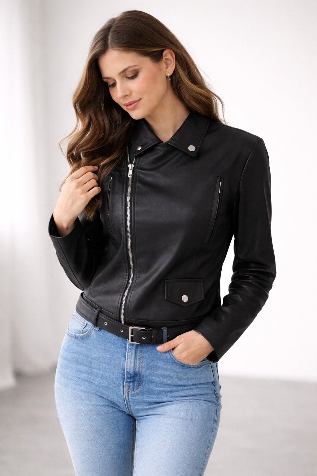 Damen Bikerjacke aus Kunstleder mit asymmetrischem Reißverschluss