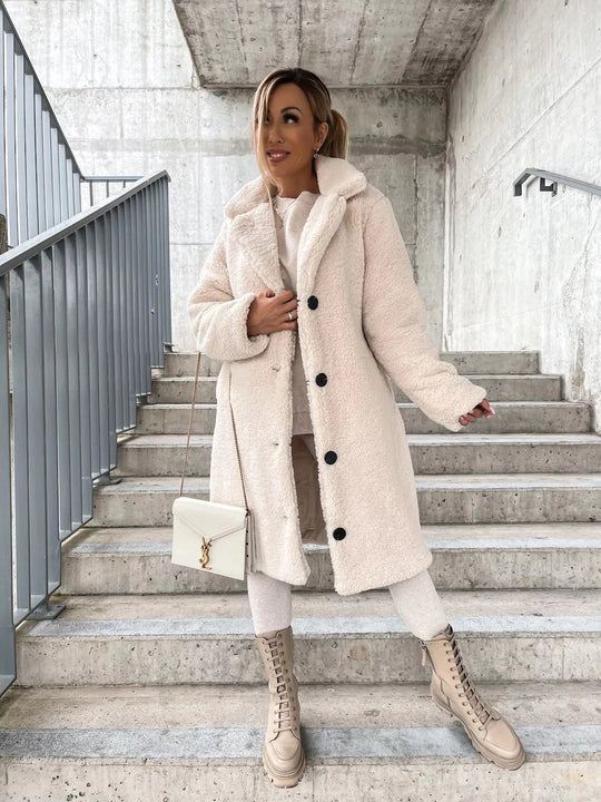 R&B | Langer Mantel Weiches Teddy-Fleece Kapuze & Knopfverschluss Lockere Passform