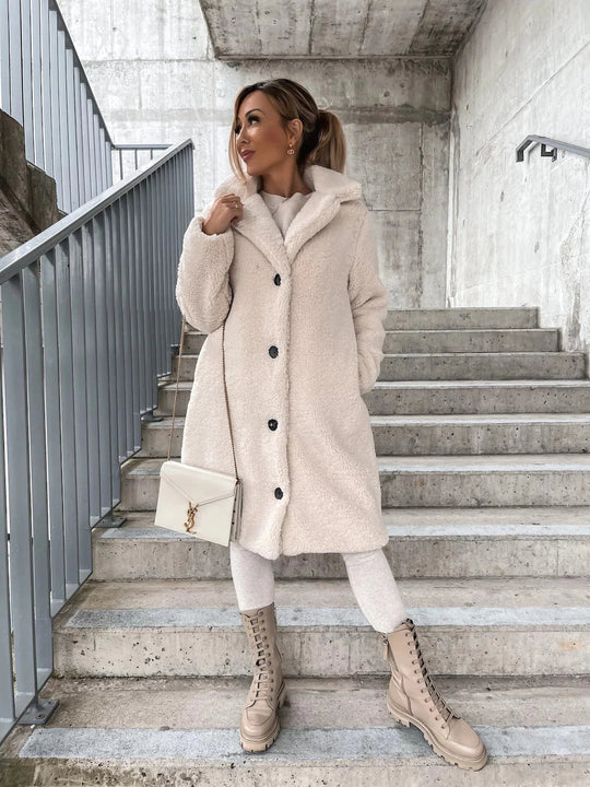 R&B | Langer Mantel Weiches Teddy-Fleece Kapuze & Knopfverschluss Lockere Passform