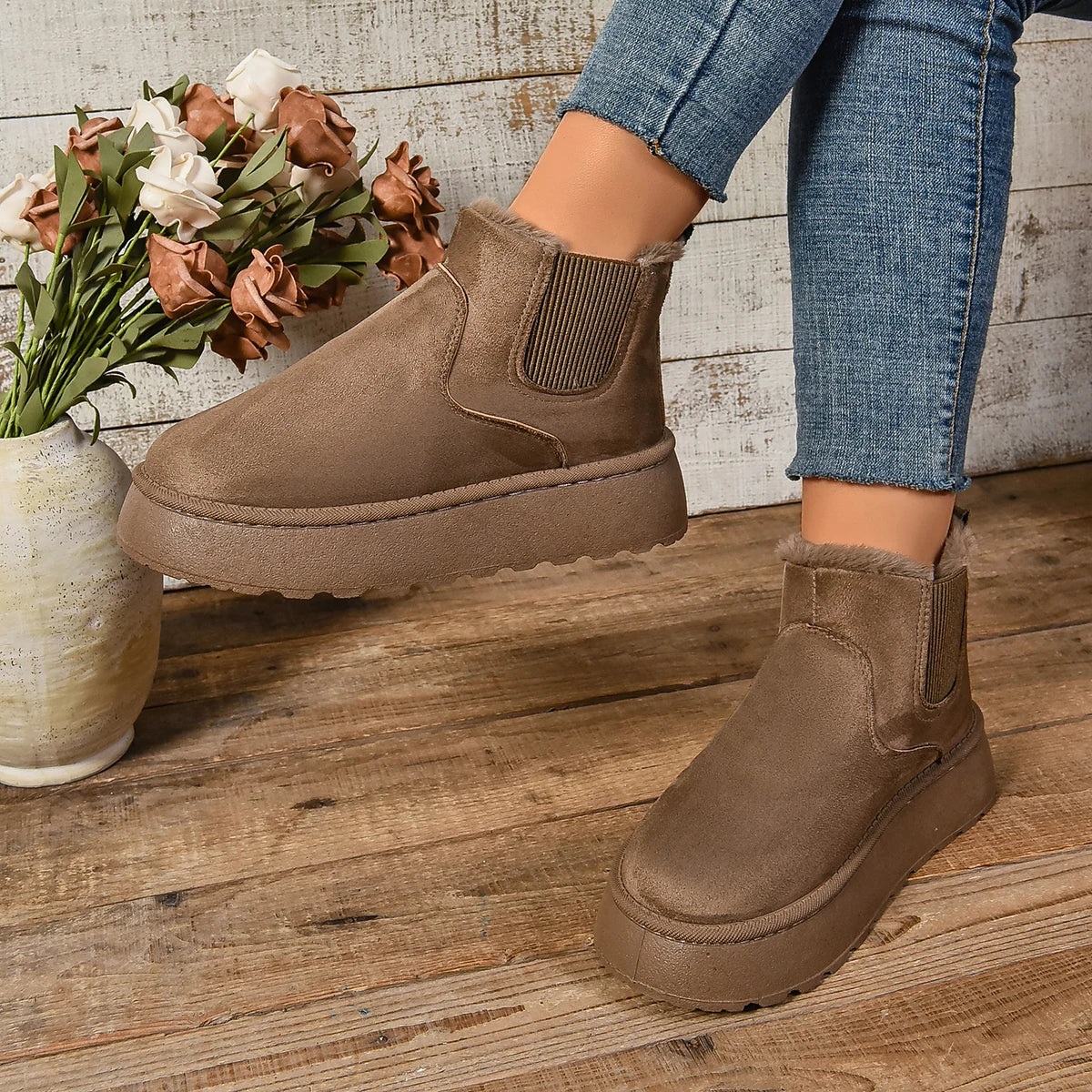Winterstiefel | Knöchel | Schlupfstiefel | Kunstfell gefütterte Stiefel | Damenstiefel R&B