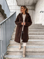 R&B | Langer Mantel Weiches Teddy-Fleece Kapuze & Knopfverschluss Lockere Passform