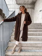 R&B | Langer Mantel Weiches Teddy-Fleece Kapuze & Knopfverschluss Lockere Passform