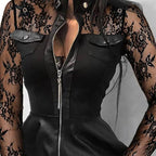 Stylische Kleid aus PU mit langen Spitzenärmeln