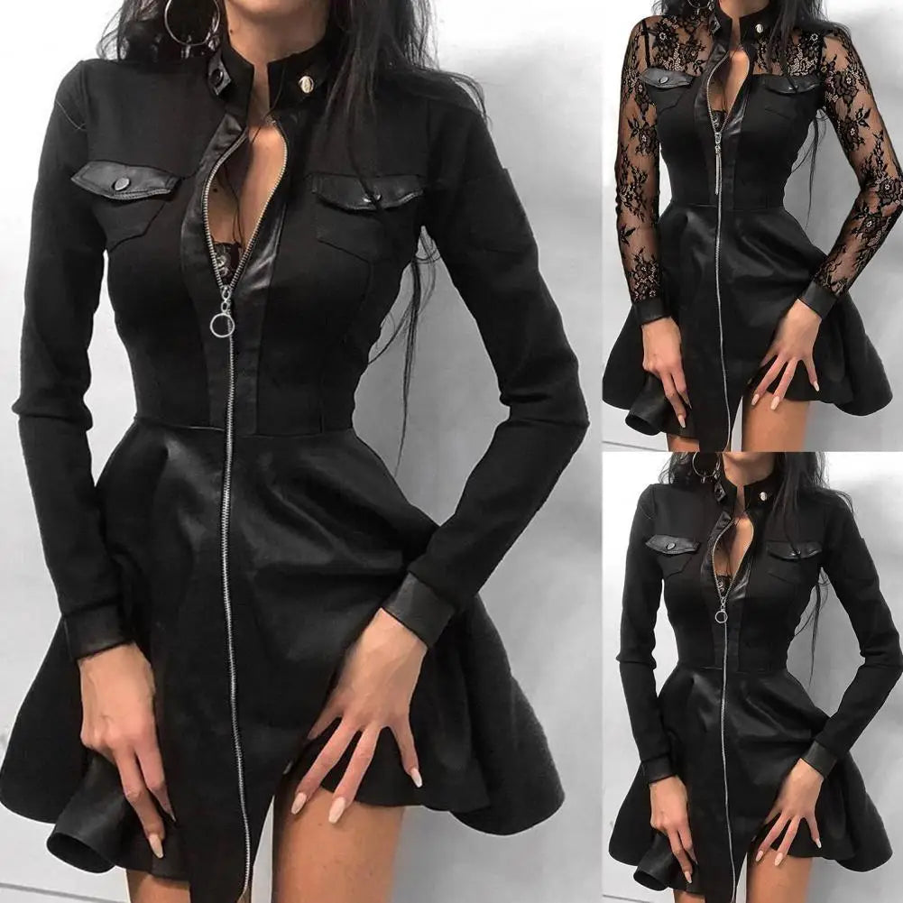 Stylische Kleid aus PU mit langen Spitzenärmeln