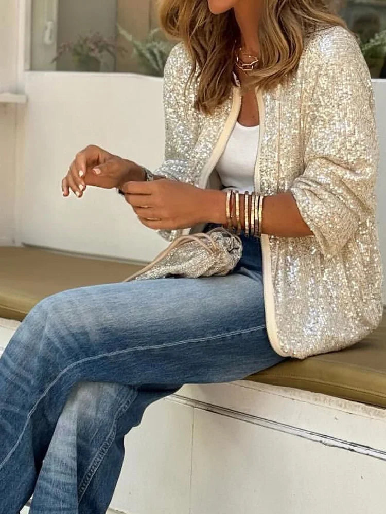 Loungewear Jacke mit O-Ausschnitt und Pailletten | Stilvolle Damenjacke