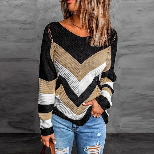 R&B | Pullover - Damen Herbstgestreifter Patchwork Strickpullover