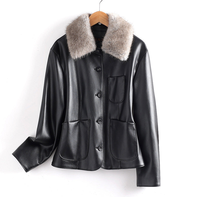 R&B | Lederjacke mit Pelzkragen und Aufgesetzten Taschen