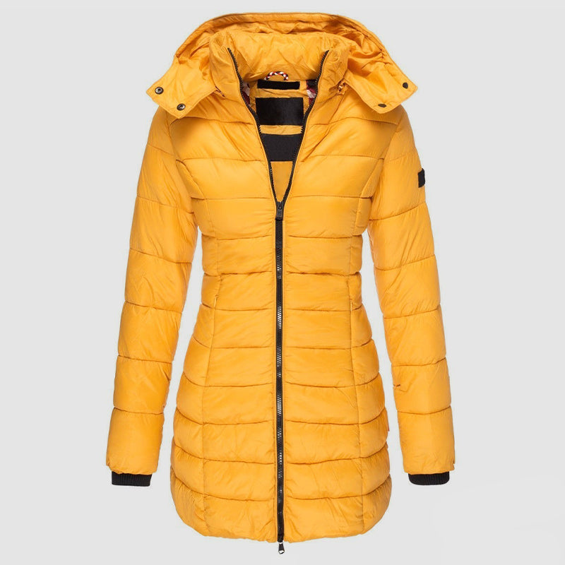 R&B | Lange Slim-Fit Pufferjacke mit Kapuze