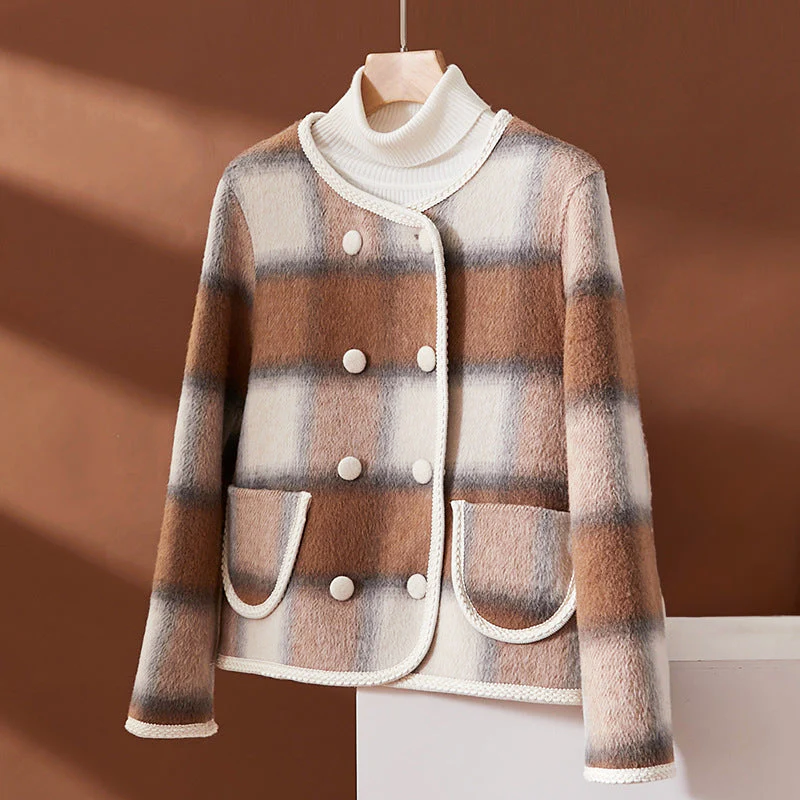 R&B | Karierte Wollmischung Jacke mit Kontrastbesatz