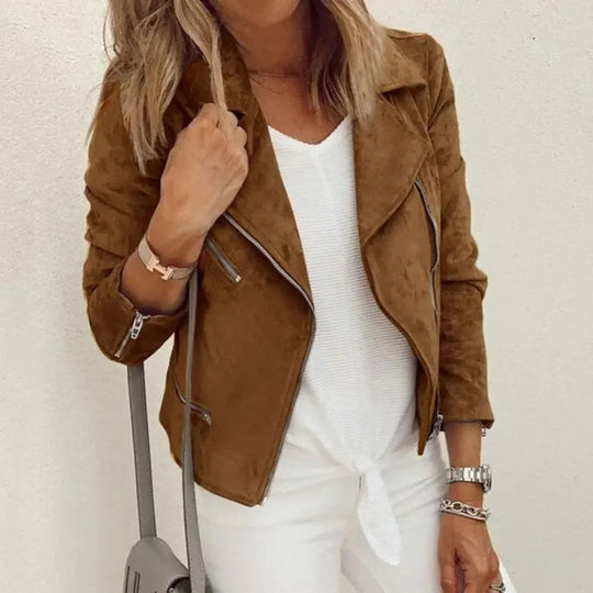 R&B | Faux Suede Motorcycle Jacket with Asymmetrical Zipper and Zipper Pockets - Tailored Fit R&B | Coat