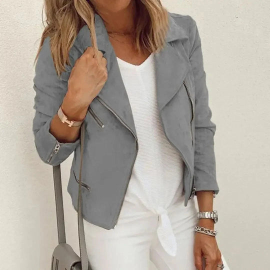 R&B | Faux Suede Motorcycle Jacket with Asymmetrical Zipper and Zipper Pockets - Tailored Fit R&B | Coat