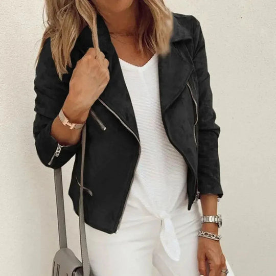 R&B | Faux Suede Motorcycle Jacket with Asymmetrical Zipper and Zipper Pockets - Tailored Fit R&B | Coat