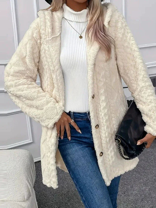 R&B | Übergröße Kapuzenlange Jacke aus strukturiertem Fleece - Gemütlicher Wintermantel für legeren Stil