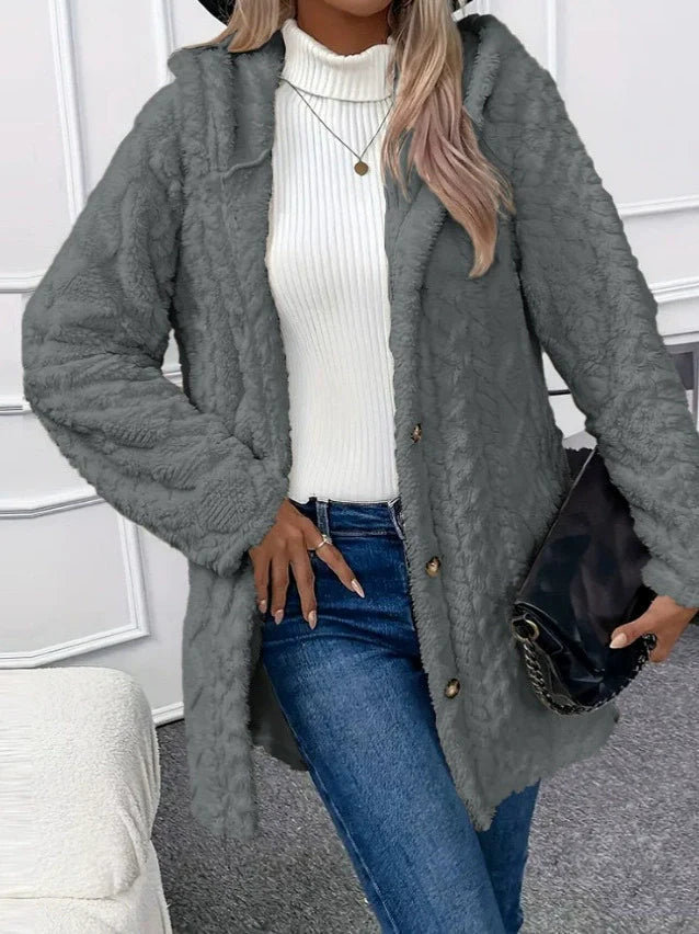R&B | Übergröße Kapuzenlange Jacke aus strukturiertem Fleece - Gemütlicher Wintermantel für legeren Stil