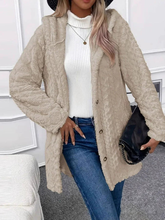 R&B | Übergröße Kapuzenlange Jacke aus strukturiertem Fleece - Gemütlicher Wintermantel für legeren Stil