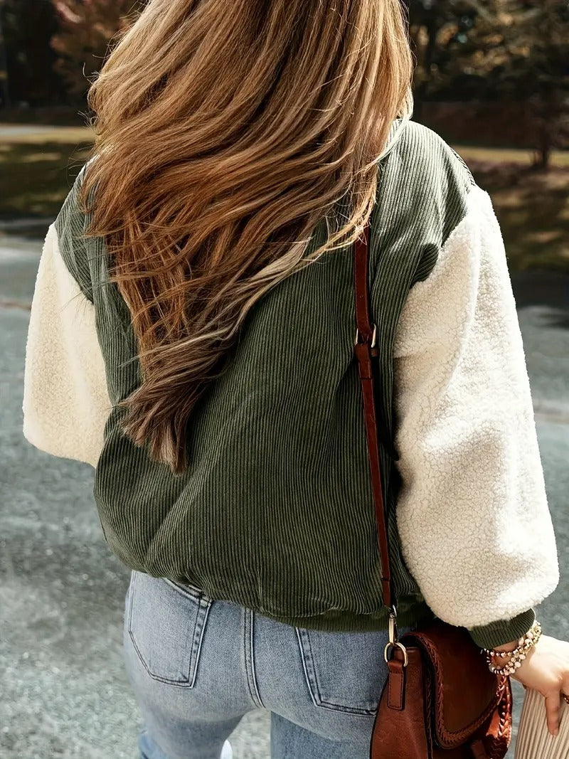 R&B | Corduroy Sherpa Bomberjacke Knopfverschluss Herbstjacke