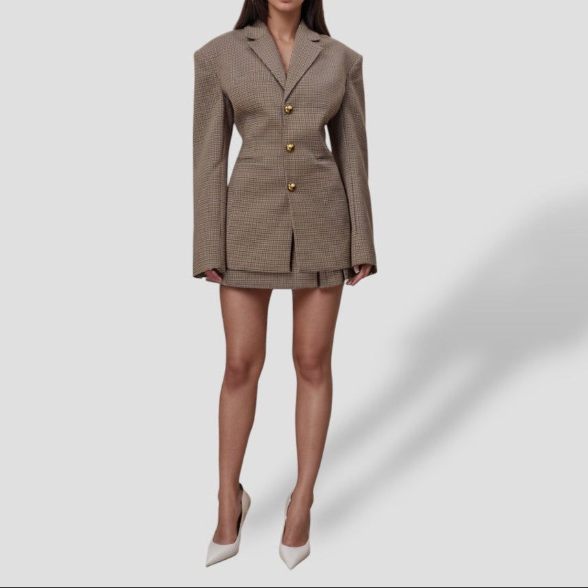 R&B | Brauner Vintage Karierter Blazer mit Goldknöpfen – Langer Mantel