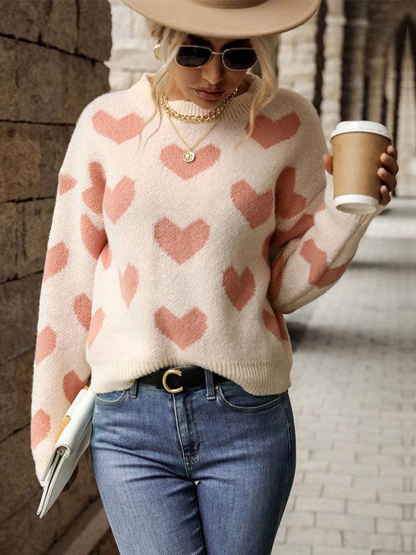 R&B | Pullover - Damen Herbst Freizeit Herzdruck Strickpullover