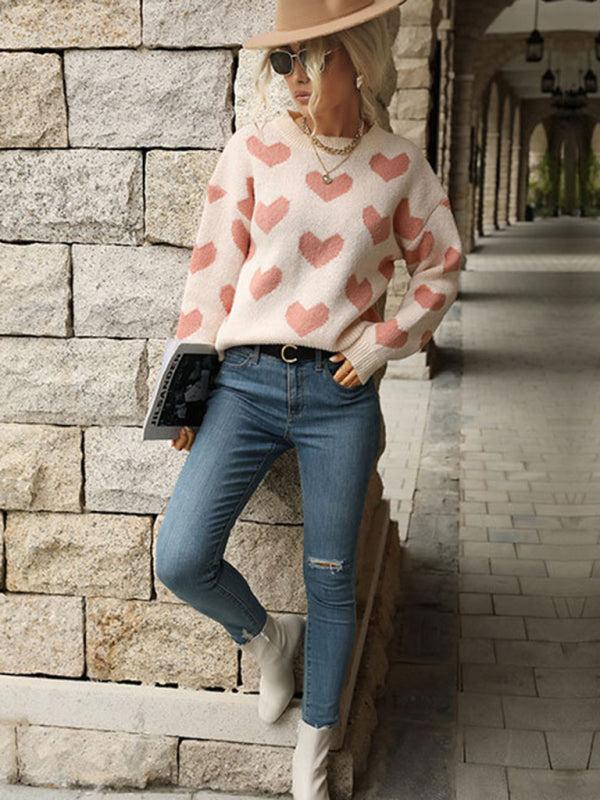 R&B | Pullover - Damen Herbst Freizeit Herzdruck Strickpullover