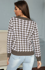 R&B | Pullover - Damen Herbst Tiefer V-Ausschnitt Hundezaun Muster Pullover