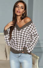 R&B | Pullover - Damen Herbst Tiefer V-Ausschnitt Hundezaun Muster Pullover
