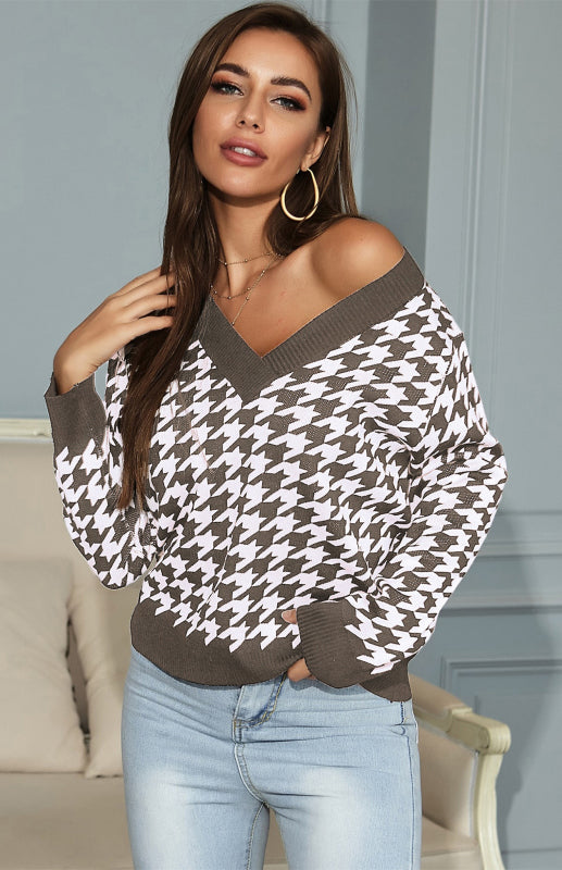 R&B | Pullover - Damen Herbst Tiefer V-Ausschnitt Hundezaun Muster Pullover