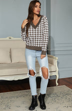 R&B | Pullover - Damen Herbst Tiefer V-Ausschnitt Hundezaun Muster Pullover