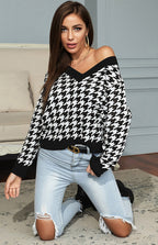 R&B | Pullover - Damen Herbst Tiefer V-Ausschnitt Hundezaun Muster Pullover