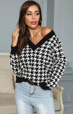R&B | Pullover - Damen Herbst Tiefer V-Ausschnitt Hundezaun Muster Pullover