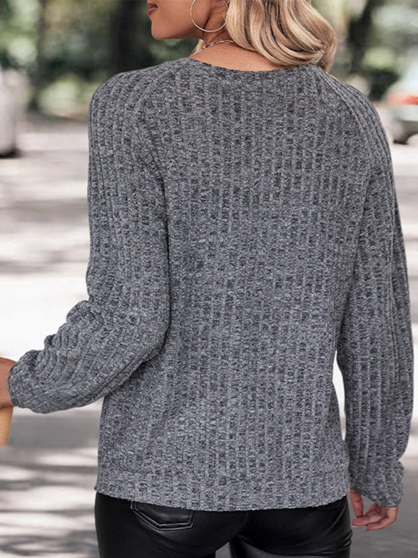 R&B | Pullover - Damen Herbst Grau Breitgerippter Strickpullover