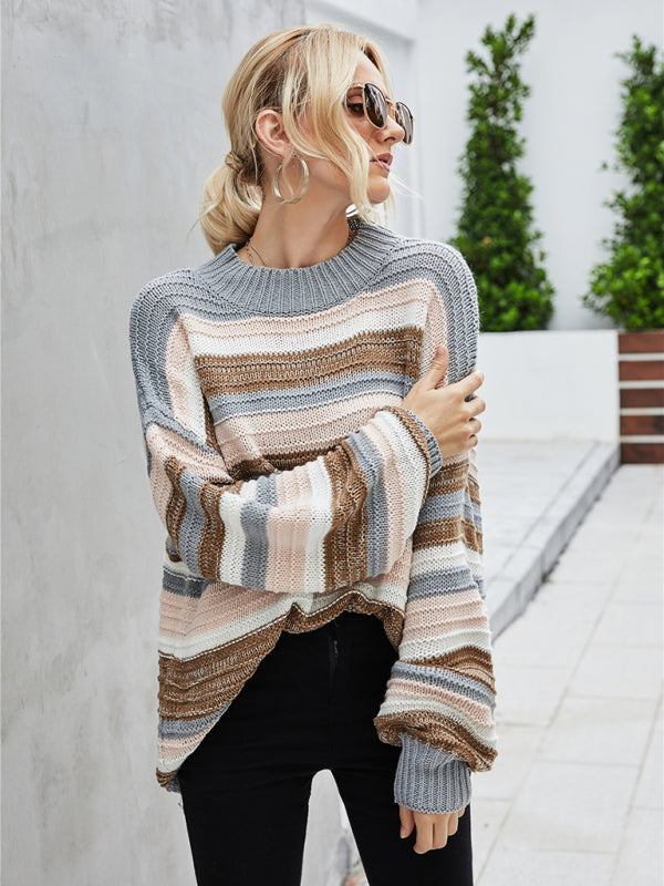 R&B | Pullover - Damen Herbst Lockerer Schnitt Längeres Streifen Strickpullover