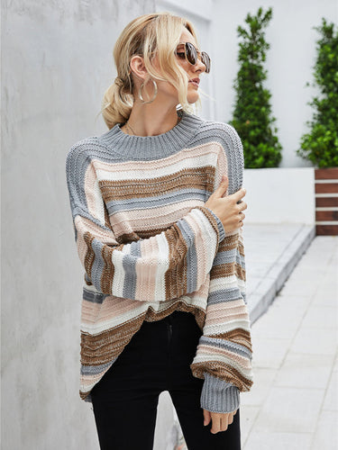 R&B | Pullover - Damen Herbst Lockerer Schnitt Längeres Streifen Strickpullover
