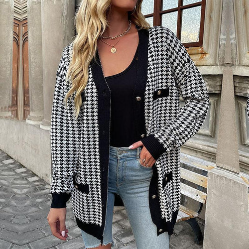 R&B | Cardigan - Damen Herbst Mid-Length Hahnentritt Knopf-Front Cardigan