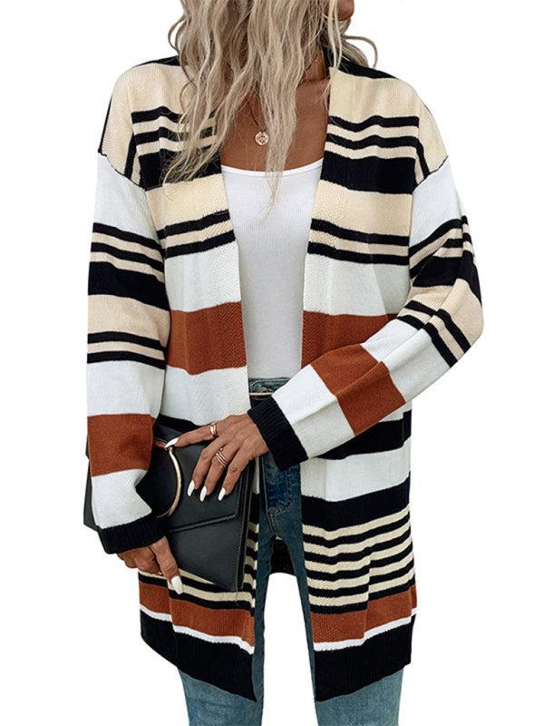 R&B | Cardigan - Damen Herbst Streifen Farbkasten Mittellanger Cardigan