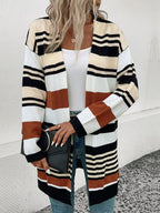 R&B | Cardigan - Damen Herbst Streifen Farbkasten Mittellanger Cardigan