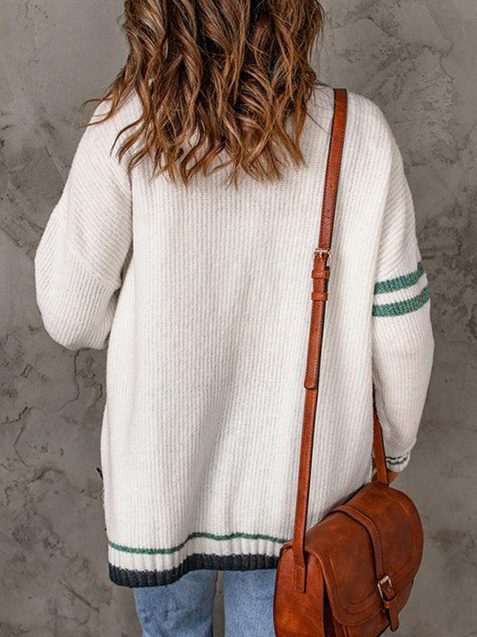 R&B | Cardigan - Damen Herbst Streifenrand Kabelstrick V-Ausschnitt Cardigan mit Taschen
