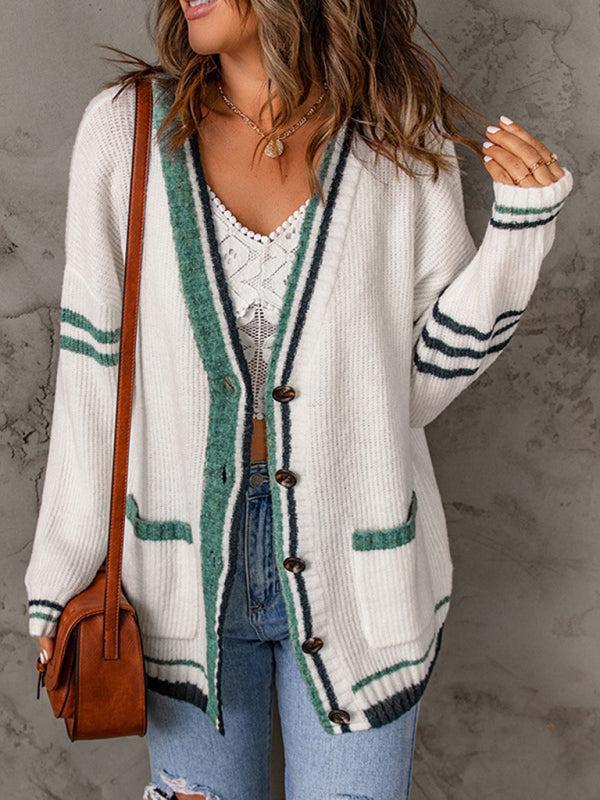 R&B | Cardigan - Damen Herbst Streifenrand Kabelstrick V-Ausschnitt Cardigan mit Taschen