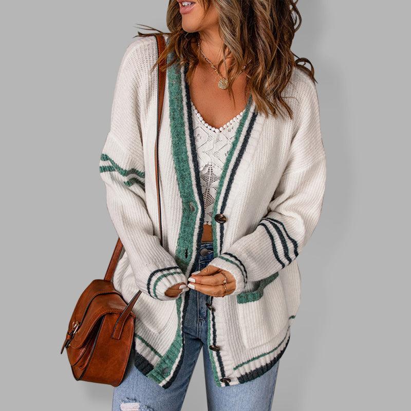 R&B | Cardigan - Damen Herbst Streifenrand Kabelstrick V-Ausschnitt Cardigan mit Taschen