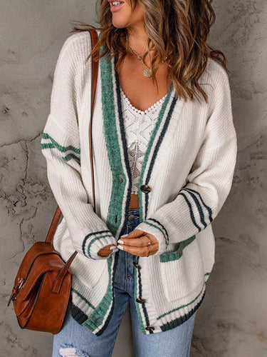R&B | Cardigan - Damen Herbst Streifenrand Kabelstrick V-Ausschnitt Cardigan mit Taschen