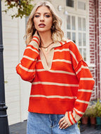 R&B | Pullover - Damen Herbststreifen V-Ausschnitt Kragen Strickpullover