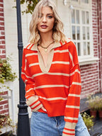 R&B | Pullover - Damen Herbststreifen V-Ausschnitt Kragen Strickpullover