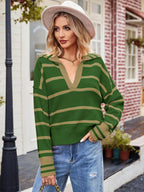 R&B | Pullover - Damen Herbststreifen V-Ausschnitt Kragen Strickpullover