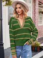 R&B | Pullover - Damen Herbststreifen V-Ausschnitt Kragen Strickpullover
