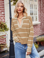 R&B | Pullover - Damen Herbststreifen V-Ausschnitt Kragen Strickpullover