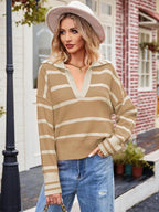 R&B | Pullover - Damen Herbststreifen V-Ausschnitt Kragen Strickpullover
