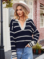 R&B | Pullover - Damen Herbststreifen V-Ausschnitt Kragen Strickpullover